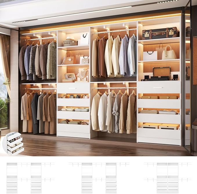 Aheaplus Closet System with 8 Wooden Drawers, Wood Closet Organizer System with Tower, Walk-in Closet Organizer Wardrobe Clothes Rack with 4 Hanging Rods, Garment Rack, Cut to Fit 7-12Ft, White