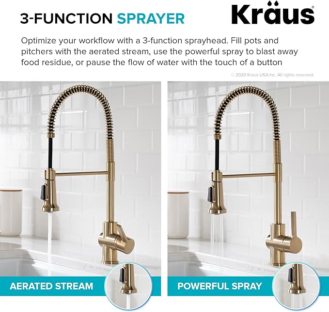 KRAUS Britt Commercial Style Spot Free Antiqued Champagne Bronze Pre-Rinse Kitchen Faucet with Deck Plate and Soap Dispenser, KPF-1690-KSD-53SFACB