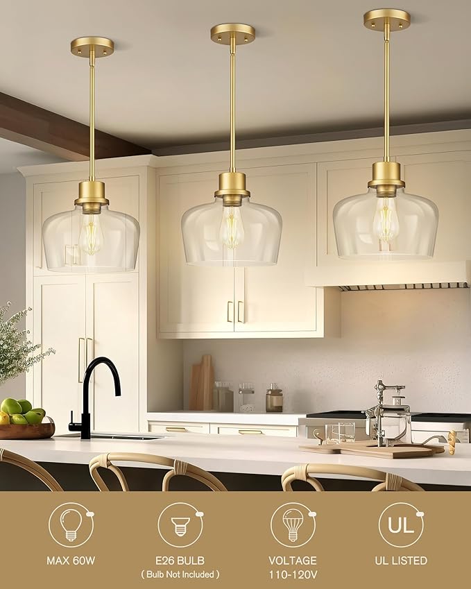 Emak Modern Gold Pendant Lights Kitchen Island, 10 Inch Large Pendant Light Fixtures with Clear Glass Shade for Kitchen, Dining Room, Entrance, PL126-GD-CG