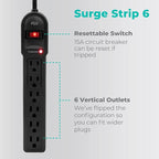 KMC 6-Outlet Surge Protector Power Strip 2-Pack, 900 Joules, 4-Foot Extension Cord, Overload Protection, Black