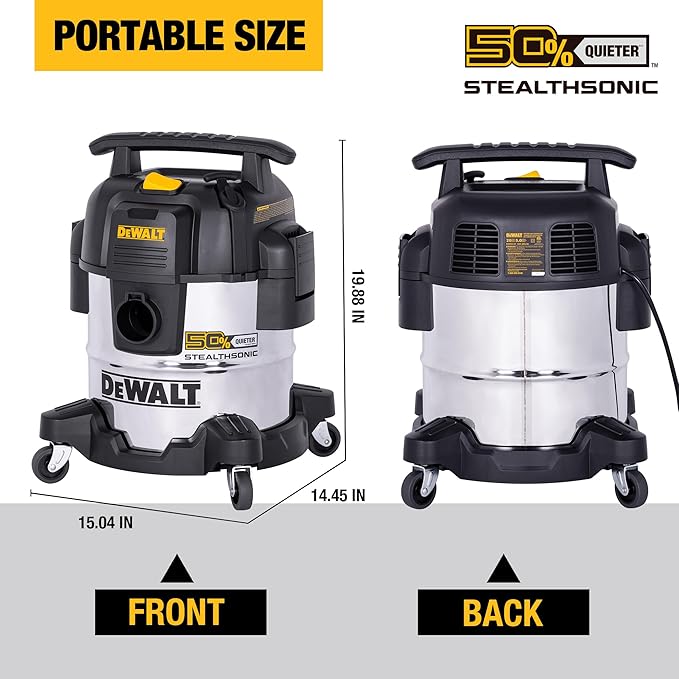 DEWALT 5 Gallon 4 HP STEALTHSONIC Shop Vacuum Wet and Dry DXV05S-QTB Ultra Quiet Stainless Steel Wet/Dry Vacuum Cleaner with Powerful Suction for Garage, Jobsite, and Workshop