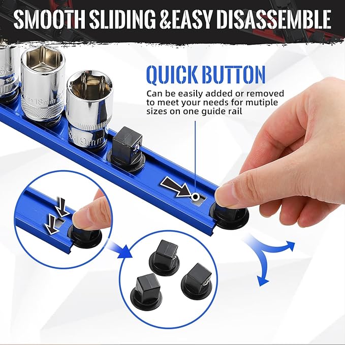 Aluminum Socket Holder, 1-Piece Heavy Duty Premium Socket Rack with 14 Clips for 1/4-Inch (Blue)