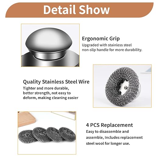 5Pcs Steel Wool Scrubber with Replacement Wire Sponge Pads Set, Stainless Steel Scrubber with Handle for Scouring Stubborn Messes from Cast Iron, Pots, Pans, Grill, Stoves, Sink(1 Scrubber+4 Pads)