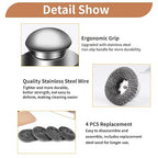 5Pcs Steel Wool Scrubber with Replacement Wire Sponge Pads Set, Stainless Steel Scrubber with Handle for Scouring Stubborn Messes from Cast Iron, Pots, Pans, Grill, Stoves, Sink(1 Scrubber+4 Pads)