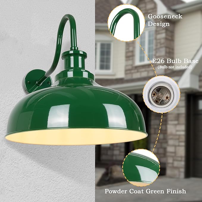 Outdoor Gooseneck Barn Light, 16 Inch Dome Rustic Outdoor Wall Sconce, Farmhouse Exterior Wall Mount Lighting Fixture, Industrial Green Wall Lantern for Porch, Entryway, Garage, RZ007L GR+WH