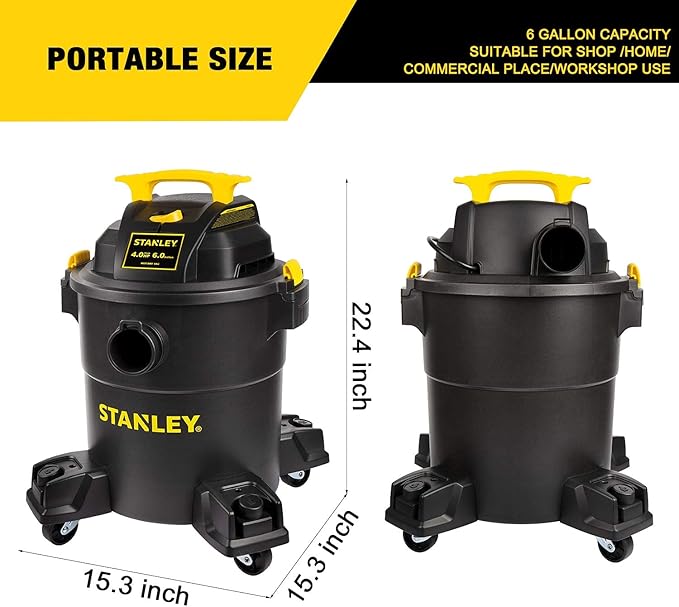 STANLEY 6 Gallon Wet Dry Vacuum, 4 Peak HP Poly 3 in 1 Shop Vac Blower with Powerful Suction, Multifunctional Shop Vacuum W/ 4 Horsepower Motor for Job Site,Garage,Basement,Workshop SL18116P