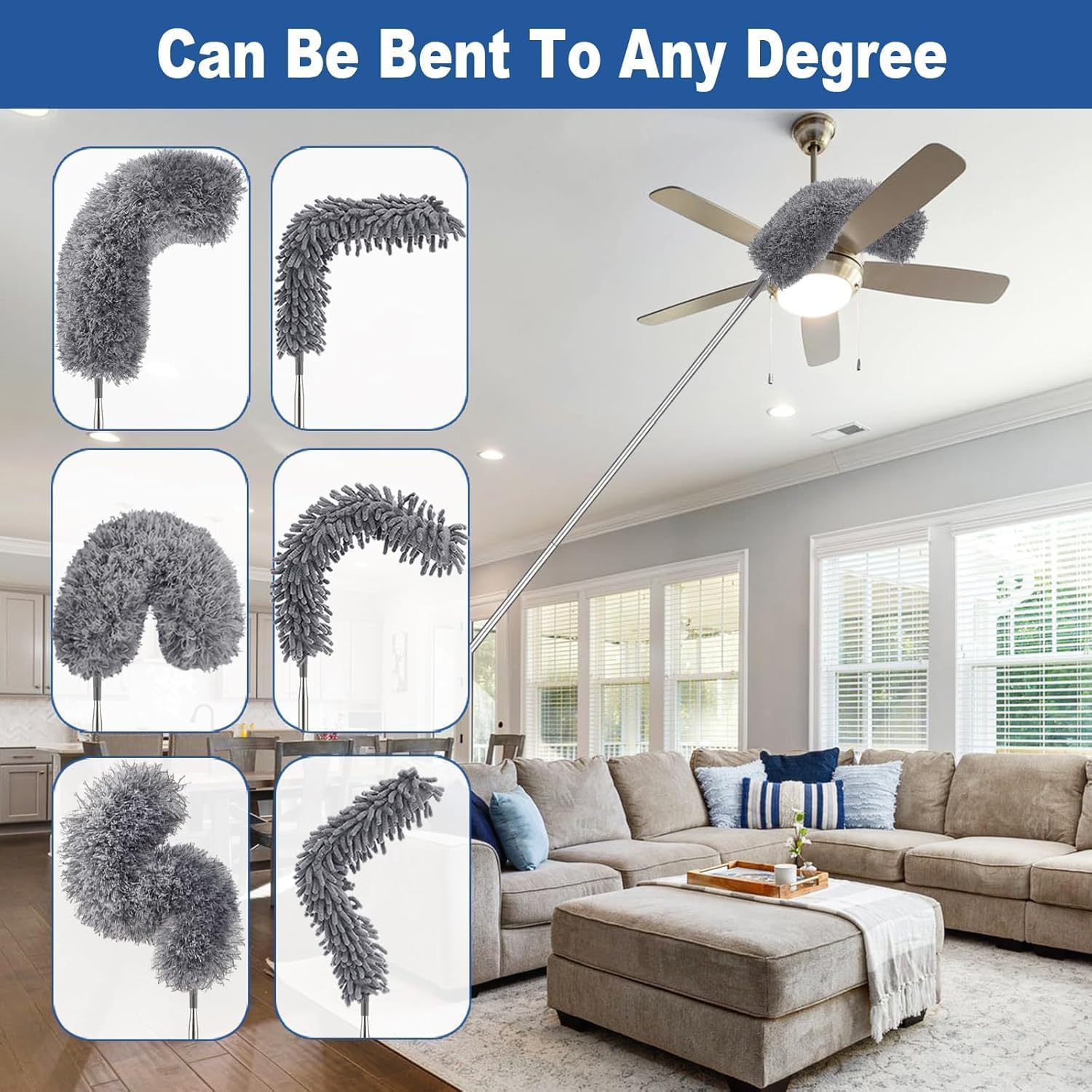 7 Pcs Microfiber Feather Duster with 100-inch Telescopic Extendable Pole, Washable and Reusable Cobweb Duster Kit, Dusters for Cleaning High Ceiling,Fan,Furniture,Blinds