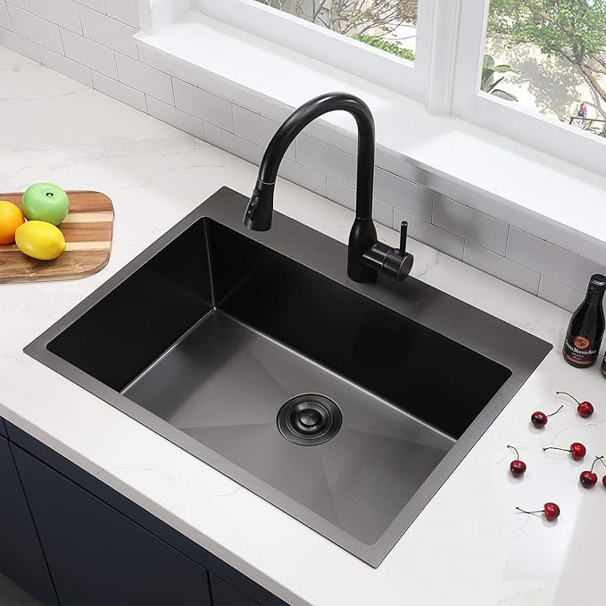 SHACO 33x22 Black Drop In Kitchen Sink, 33 Inch Large Top Mount Gunmetal Black Farmhouse Sink, Single Bowl Basin 16 Gauge SUS304 Stainless Steel Wet Bar Prep Sink