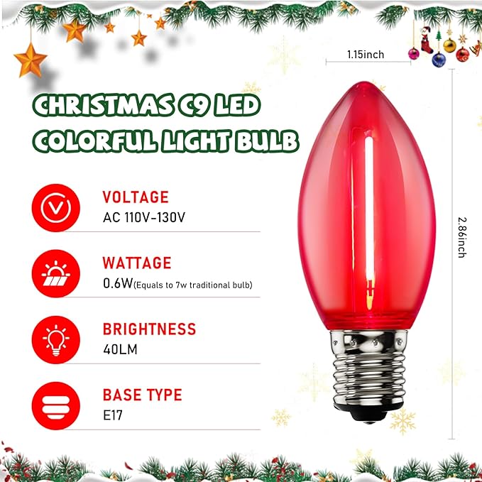 25 Pack LED Replacement Christmas Bulbs,Colored Plastic C9 Clear Replacement Bulbs Multicolor,Shatterproof C9/E17 Intermediate Base 0.6 Watt Great for Christmas Chandeliers Patio String Lights