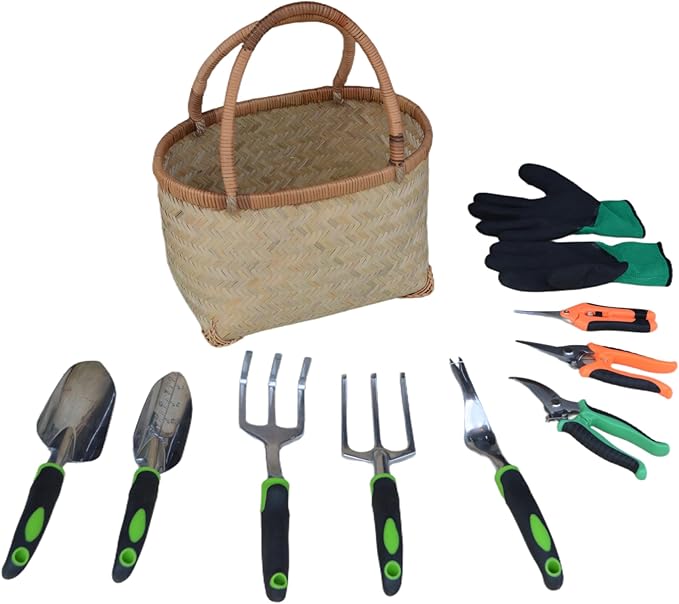 装 (Green),Gardening Tool Set, Equipped with a Bamboo Woven Storage Basket, 5 Aluminum Alloy Hand Tools, and 3 Stainless Steel Scissors, is a Wonderful Gift for Gardening Enthusiasts.