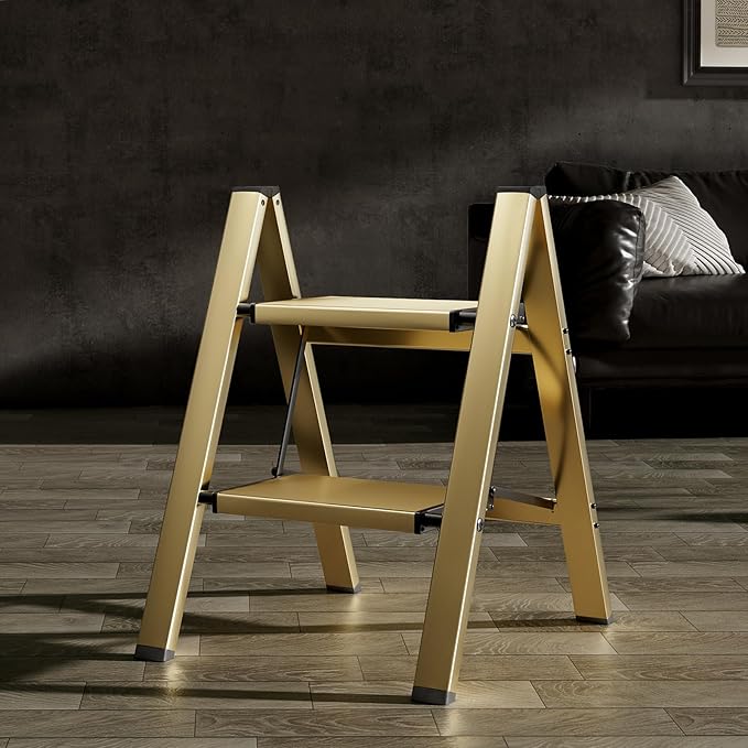 HillhutApex 2 Step Stool, Aluminum Foldable Step Ladder, Lightweight Stable Stool with Wide Non-Slip Pedals, 330lbs Bearing Capacity Ladder for Office,Home,Kitchen - Gold