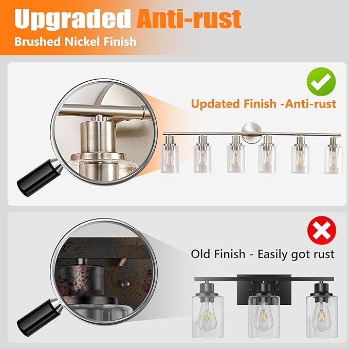 DLLT 6-Light Bathroom Light Fixtures: Nickel Modern Vanity Lights with E26 Bulbs - Clear Glass Shade Bathroom Wall Lamp for Mirror Kitchen Living Room Hallway Cabinet Porch