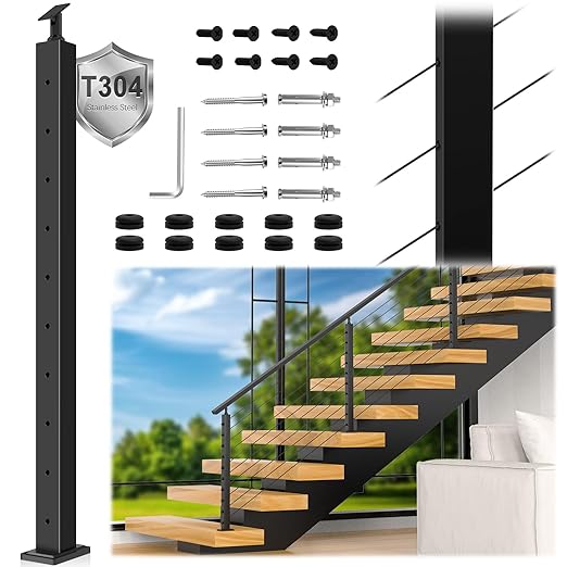 36" T304 Cable Railing Stair Post(Post 35"x2"x2"), 33° Drilled Railing Post with Cable Grommets Fit for 25-35° Stairway, Adjustable Top Mount Stainless Steel Black Finish Staircase Deck Post