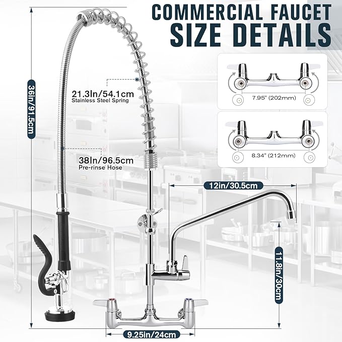 Commercial Faucet with Sprayer, 36 Inch Height Commercial Sink Faucet Wall Mount with 8" Adjustable Center and 12" Add-on Swing Spout & Pull Down Pre Rinse Sprayer