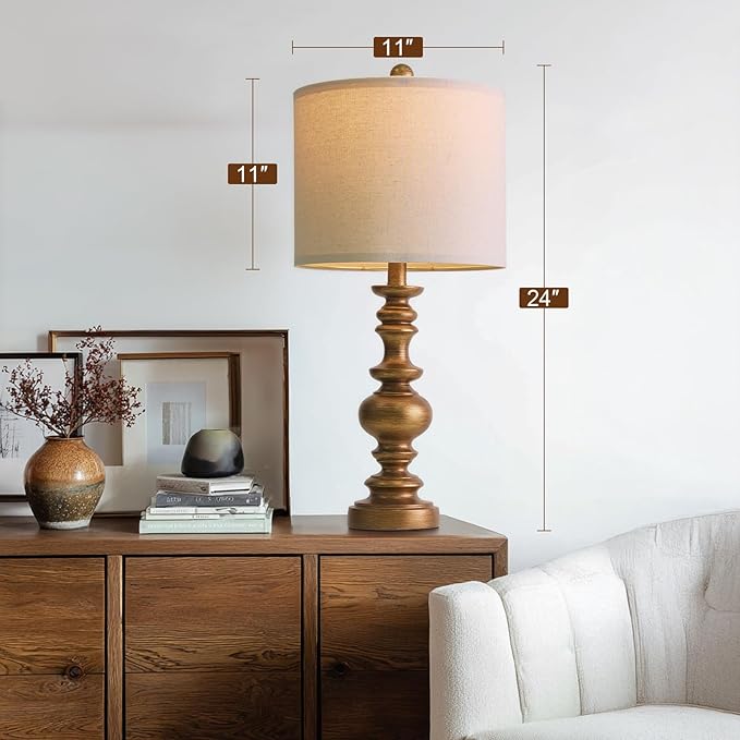 BOBOMOMO 24" Traditional Lamps Set of 2 – Antique Gold Bedside Lamps with Linen Shades, Elegant Medium Farmhouse Lamps for Living Room, Bedroom, and Hallway, Ideal for Warm, Cozy Spaces