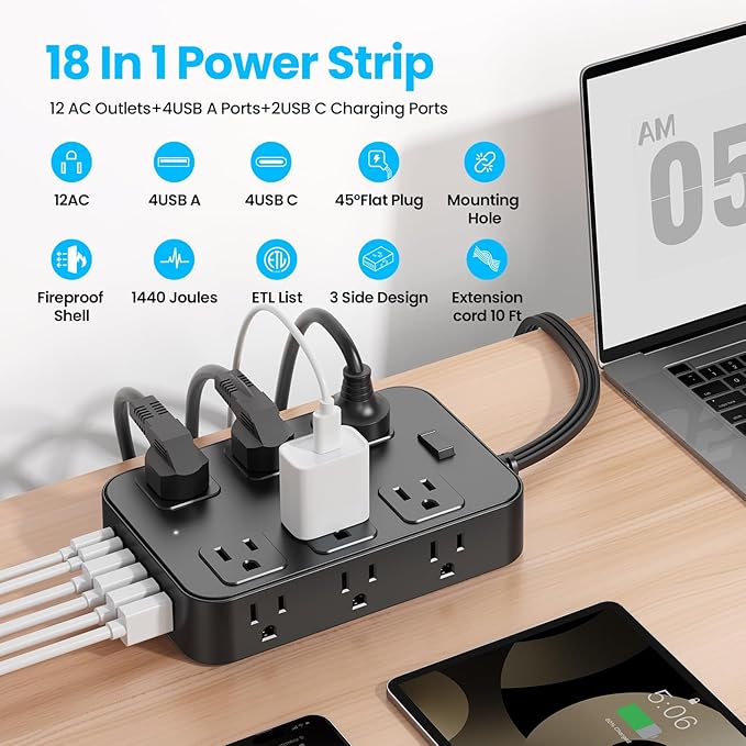 Flat Plug Power Strip Surge Protector with 12 AC Outlets 6 USB Ports 3 Side Multi Plug Outlet Extender 10 Ft Extension Cord for Home Office Kitchen Dorm Wall Desk Charging Station ETL Listed
