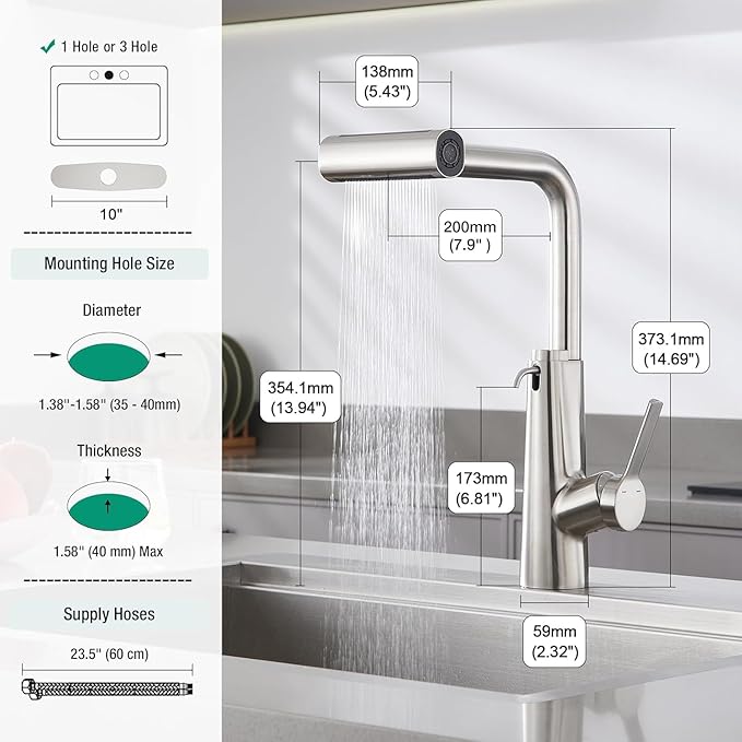 CREA Waterfall Kitchen Faucets with Soap Dispenser Built-in,4 Modes Bar Sink Faucet with Pull Down Sprayer,Single Handle 1 Hole Utility Faucet for Laundry Brushed Nickel Stainless Steel