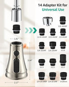 Mbillion Universal Brushed Nickel Kitchen Faucet Sprayer Head Replacement – 3-Function Pull-Down Nozzle with 14 Adapters – Fits Moen, Delta, Kohler, WEWE & American Standard