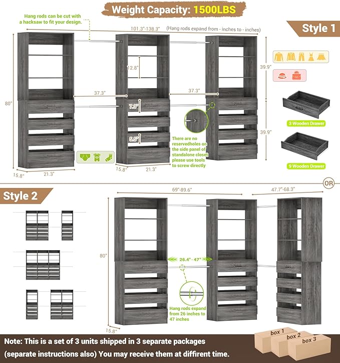 Aheaplus Closet System with 12 Drawers, 8.5-11.5Ft Wood Closet Organizer System with 4 Hanging Rods & 3 Towers, 4Ft & 6Ft L-Shaped Walk-in Closets Wardrobe Organizer Clothes Rack, Set of 3, Black Oak