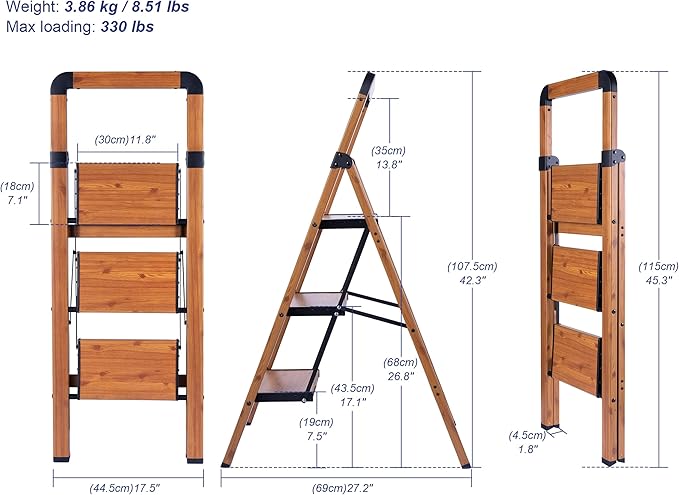 Step Ladders Folding 3-Step Woodgrain Finish Aluminum Foldable Step Stool,Anti-Slip Portable Sturdy for Home & Kitchen Office 330 lbs
