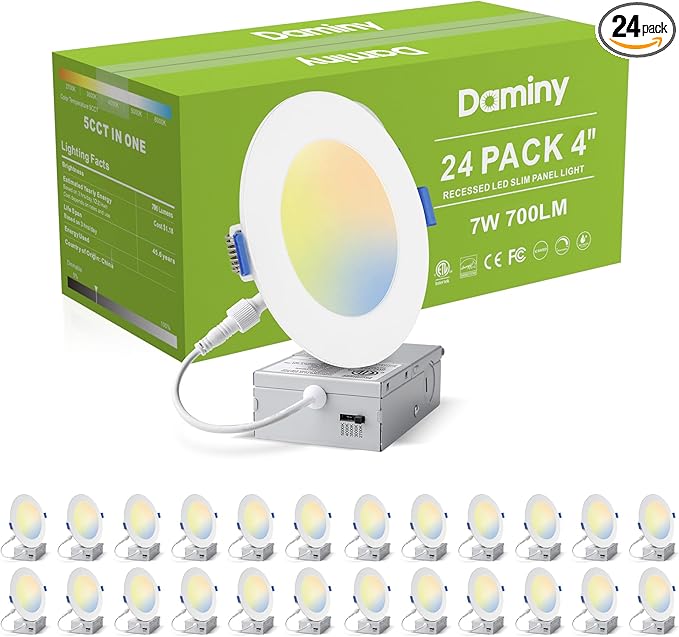 DAMINY 24 Pack 4 Inch LED Recessed Lighting with Junction Box,5CCT,Ultra-Thin Recessed Light,7W 700lm, Dimmable Canless Wafer Ceiling Light, High Brightness - ETL