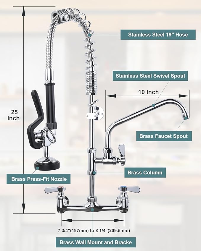 25" Height Commercial Faucet Wall Mount with Sprayer 8" Adjustable Center 9.6" Swing Spout, Kitchen Sink Faucet with Pull Down Pre-Rinse Sprayer for Restaurant Industrial Kitchen, Chrome