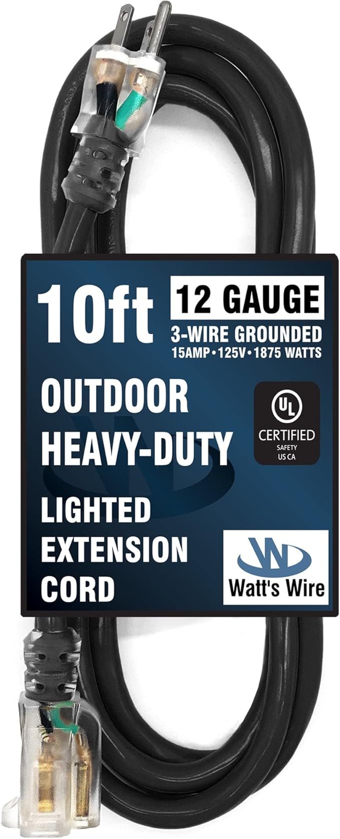 Outdoor Extension Cord Waterproof (10 ft) 12 Gauge Heavy Duty Extension Cord - Lighted Outdoor Extension Cords - Watts Wire - 10' Grounded - extensiones electricas
