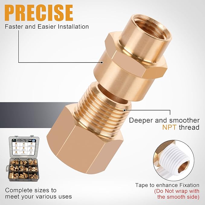 106PCS Brass Pipe Fittings Assortment Kit NPT Extension Adapter,Reducer Bushing,Hex Nipple,Close Nipple,Reducing Hex Coupling,Hex Head Plugs,Hex head Cap,Socket Plug Kit