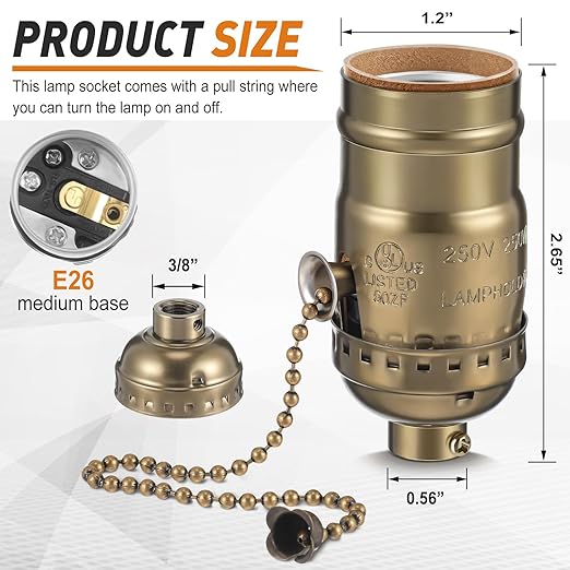 4 Pcs Pull Chain Lamp Socket Replacement, E26 Standard Threaded Base, Light Socket with Pull Chain, Lamp Parts for Repair