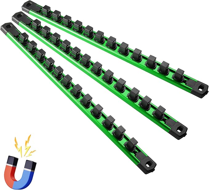 Magnetic Socket Organizer, 3-Piece Heavty Duty Aluminum Socket Holder, Socket Rail for Tool Box, Premium Quality 360° Swivel Socket Rack with 36 Clips for 1/2-Inch(Green)