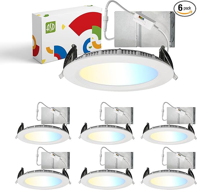 ASD LED Recessed Lighting 6 Inch, Round Commercial Downlight, Mini Panel with Baffle Trim, 6" 15W 120-277V CCT Selectable 2700/3000/3500/4000/5000K, Dimmable Ceiling Light Fixture, White, ETL, 6 Pack