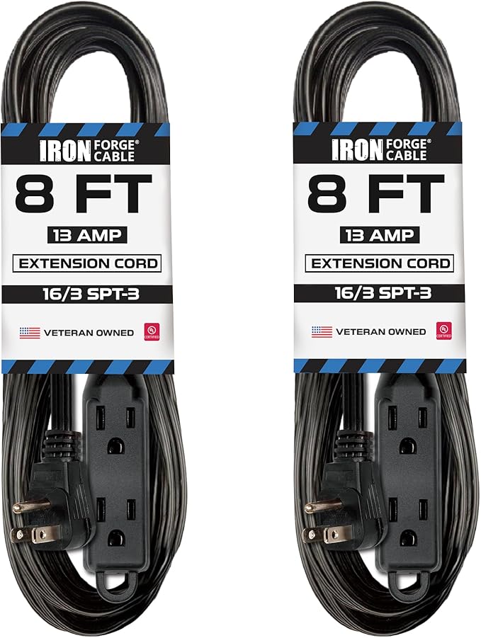 Iron Forge Cable 2 Pack 8 ft Flat Plug Black Extension Cord with 3 Outlets - 16/3 SJTW 3 Prong Indoor Extension Cord with Multiple Outlets