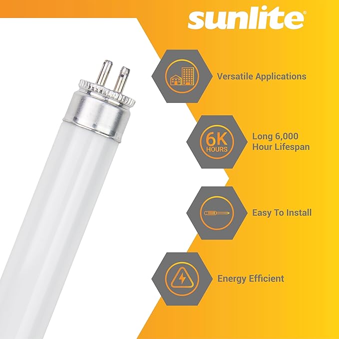 Sunlite 6-Inch F4T5/WW T5 Linear Fluorescent Lamp, 4 Watts, 140 Lumens, 2700K Soft White, Miniature G5 Bi-Pin Base, ROHS Compliant, High Performance Straight Tube, 10 Pack