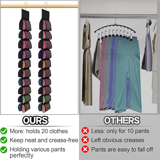 2 Pack Legging Storage Organizer, Hanging Closet Organizer System, Black Clothes Closets Holder with 20 Roll Independent Compartments for Yoga T-Shirts Bras Socks Pants Tank Top Towel