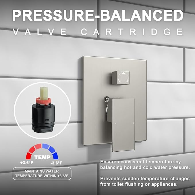 Lava Odoro Modern 3-Setting Square Shower and Tub Faucet Set with Shower Head and Handheld Sprayer Brushed Nickel, Rainfall Shower System with Tub Spout, Shower Valve Trim Kit, SF103-BN-T