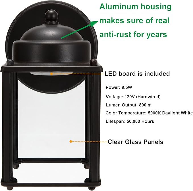 LIT-PaTH Outdoor LED Wall Lantern, Wall Sconce Porch Lighting Fixture, 3000K Warm White, 9.5W 800 Lumen, Aluminum Housing Plus Glass, Bronze Finish-2 Pack