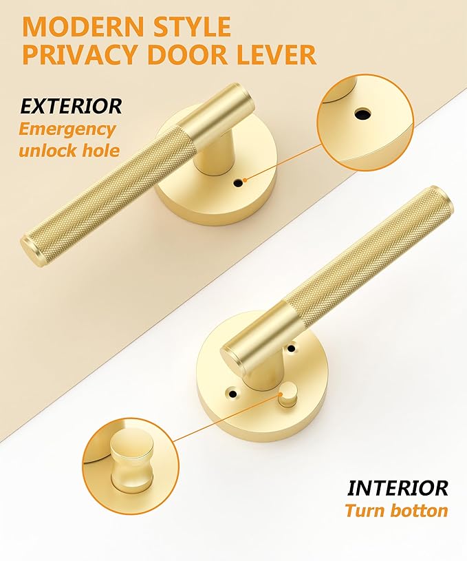 Asidrama 4 Pack Privacy Gold Door Handles, Door Lever with Door Knobs Indoor for Bedroom or Bathroom, Heavy Duty Brushed Gold Door Handles Interior with Locks for Left Right Sided Doors