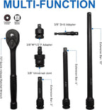 MacWork 67 Pieces 3/8“ Drive Impact Socket Set, SAE and Metric Sockets, CR-V & CR-Mo, Complete Socket Set with Shallow, Deep & Swivel Sockets, Includes Ratchet, Extension Bars & Adapters