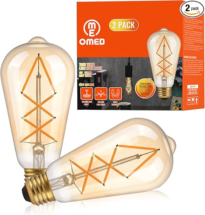 OMED LED Edison Bulb Dimmable Amber Glass, 60 Watt Equivalent LED Light Bulbs Soft White, ST64 E26 Bulb 60W 2700K, Vintage Spiral Filament LED Bulbs with Teardrop Top, 600LM,UL Listed, 2 Pack