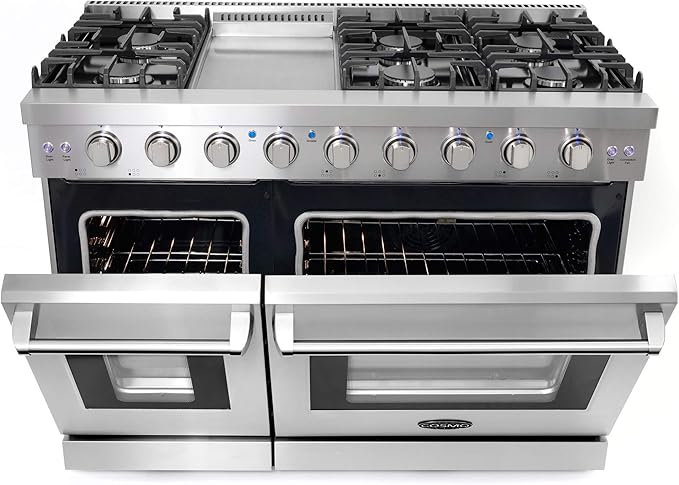 COSMO COS-EPGR486G 48 in. Haven Collection 7 cu. ft. Double Oven Gas Range, 6 Burners, Griddle, Convection, Knob LEDs, Stainless Steel