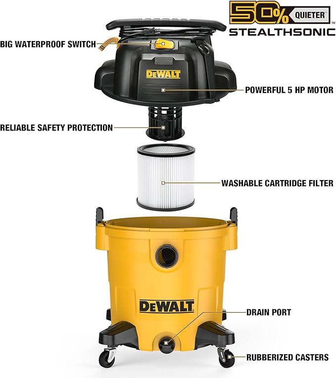 DEWALT 16 Gallon STEALTHSONIC Poly Wet/Dry Vacuum, DXV16P-QTA Noise Reduction Vac, Heavy Duty Shop Vacuum for Jobsite/Workshop, Reduce Motor Noise, Yellow