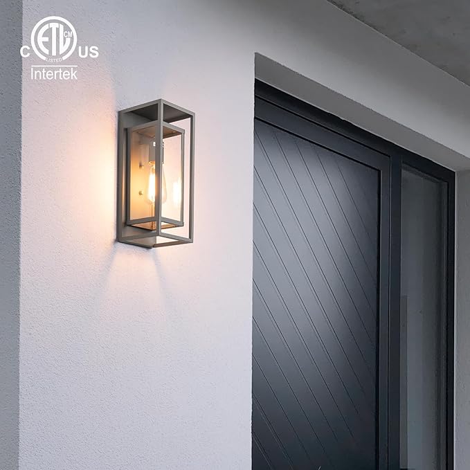 mirrea 14" Classic Outdoor Wall Sconce 1 Light in Rectangular Metal Frame and Clear Glass Shade Waterproof Porch Light Patio Light Pack of 2 (Matte Gray)