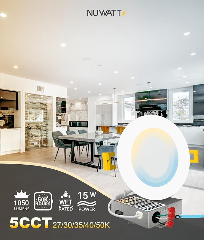NUWATT 12 Pack, 6 Inch Ultra-Thin LED Recessed Lighting, CCT 2700K/3000K/3500K/4000K/5000K Selectable, 1050LM 15W, Dimmable, IC Rated, Wet Rated, Canless Can Light for Ceiling with Junction Box, White