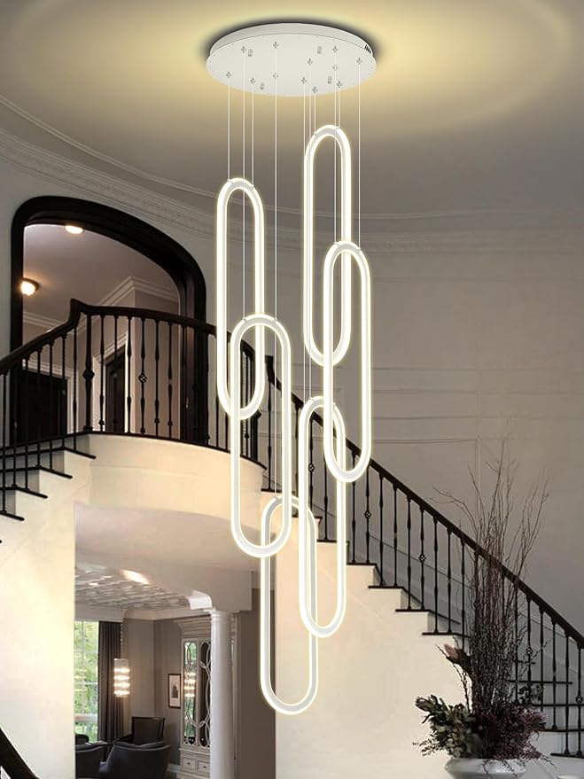 Flashing God H118 Modern Chandelier 6-Rings Contemporary Chandelier for High Ceiling Led Dimmable Large Pendant Lighting Chrome Ring Chandeliers for Villa Foyer Entrance Living Room