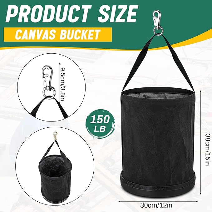 1 Pack Utility Canvas Tool Bucket 15 x 12 All Purpose Canvas Bucket Bag, Truck Tool Organizer with Plastic Bottom Metal Hook for Store Work Accessory, Load Capacity up to 150 Lbs (Black)