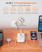 2 Prong Power Strip, 3 to 2 Prong Outlet Adapter, 1700J 2 Prong Surge Protector 5ft Extension Cord with Thin Flat Polarized Plug, 8 AC & 6 USB, Wall Mount for Non-Grounded Outlet, Ideal for Old House