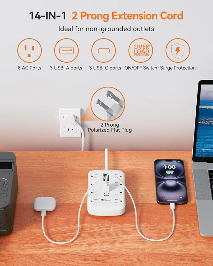 2 Prong Power Strip, 3 to 2 Prong Outlet Adapter, 1700J 2 Prong Surge Protector 5ft Extension Cord with Thin Flat Polarized Plug, 8 AC & 6 USB, Wall Mount for Non-Grounded Outlet, Ideal for Old House