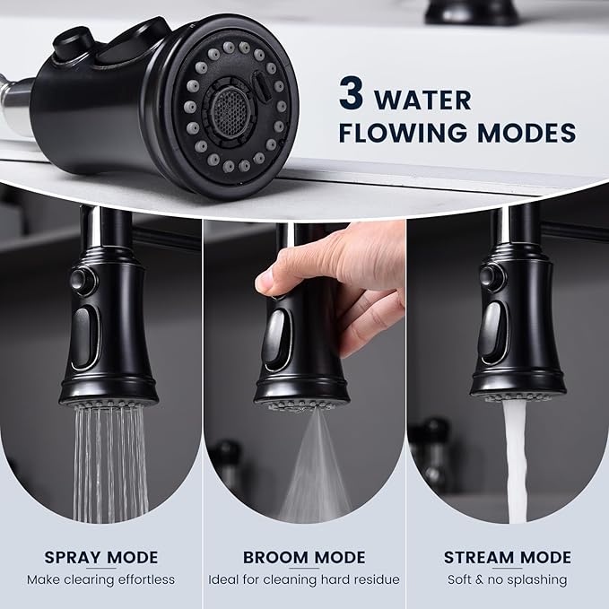 DAYONE Matte Black Kitchen Sink Faucet with Pull Down Sprayer Antique, 3 Modes Stainless Steel Spring Vintage Sink Faucet for Kitchen Bar Camper 1 or 3 Holes Single Handle