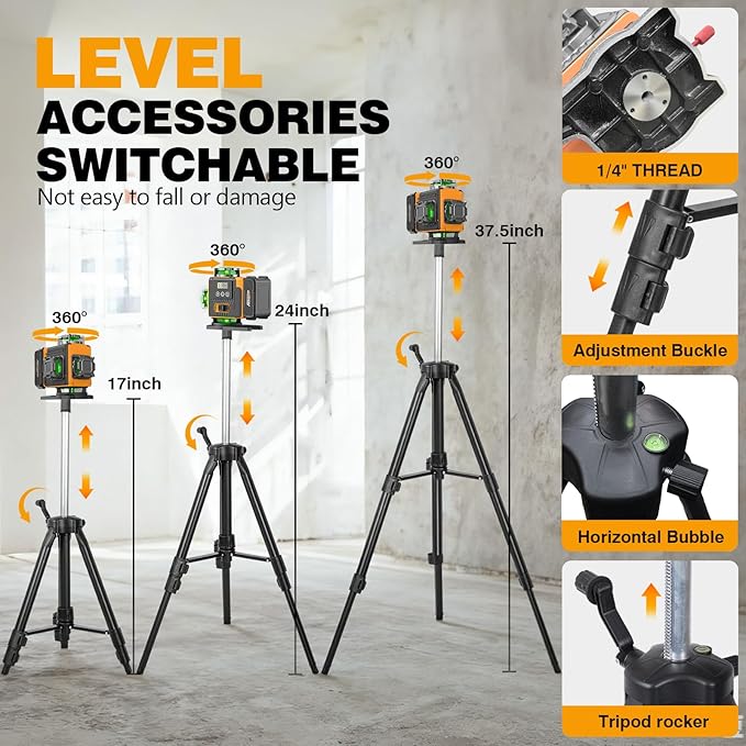 Alloyman Laser Level 360 Self Leveling with Tripod, 16 Lines Green Laser 4x360° Lazer Leveler Tool, 4D Laser Level for Picture Hanging and Construction, Includes Strong Magnetic Bracket