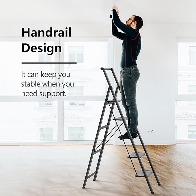 5 Step Ladder, Folding Step Stool with Handgrip and Anti-Slip Wide Pedal, Portable Iron Stepladder for Kitchen, Home, Library, Office (300 lbs Capacity) - Black